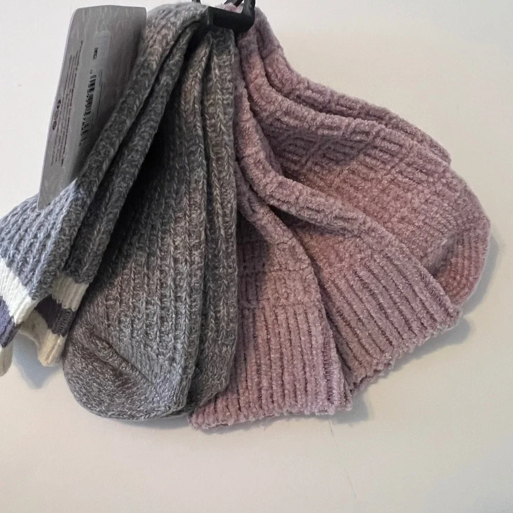 Muk Luks Womens Crew Socks 2 Pair‎ Grey Purple Striped Chenille Size 6-11 NWT